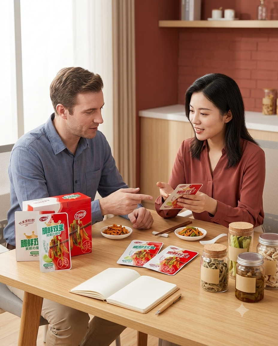 Overseas buyer reviewing Wanliyang latiao and Chinese snack samples